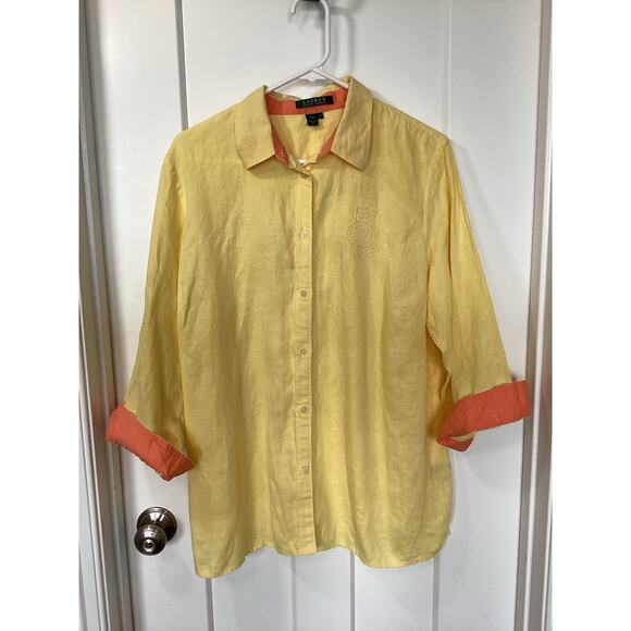 Lauren Ralph Lauren Women's 100% Linen Button Front Shirt Top Yellow Size 1X - Picture 1 of 8